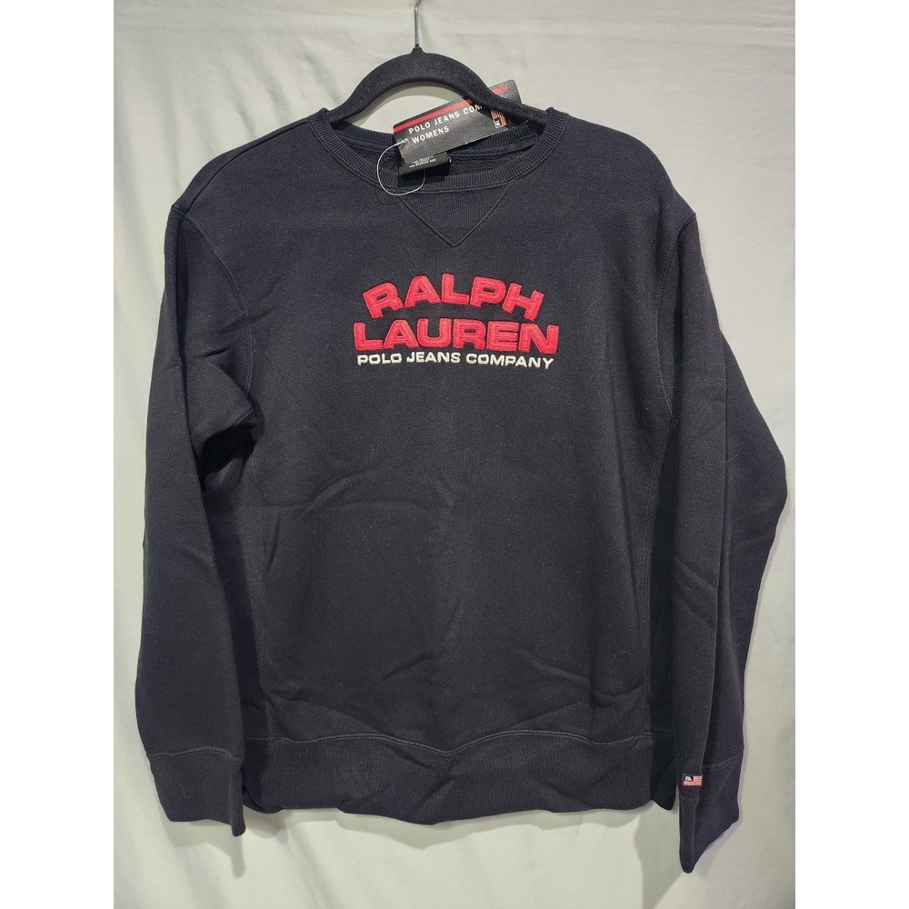 NWT Ralph Lauren Polo Jeans MED Crewneck Black Sweatshirt Spell Out Logo RL Flag